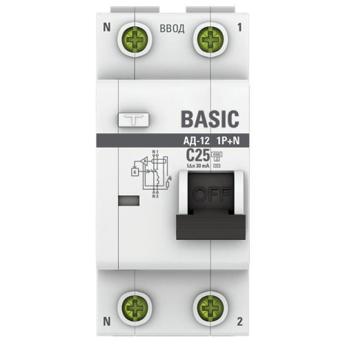 Выключатель автоматический дифференциального тока 2п (1P+N) C 25А 30мА тип AC 4.5кА АД-12 Basic EKF DA12-25-30-bas фото 3