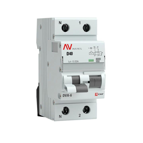 Выключатель автоматический дифференциального тока 2п (1P+N) D 40А 30мА тип A 6кА DVA-6 Averes EKF rcbo6-1pn-40D-30-a-av