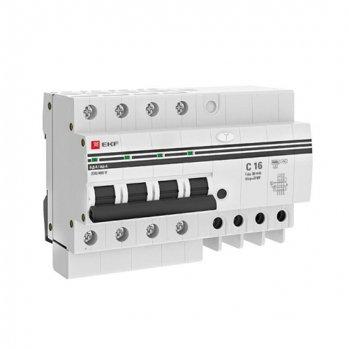 Выключатель автоматический дифференциального тока C 16А  30мА тип AC 6кА АД-4  (электрон.) защита 270В PROxima EKF DA4-6-16-30-pro