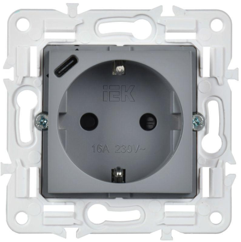Розетка SKANDY 18Вт 16А с заземл. защ. шторки с USB C SK-R17Gr сер. IEK SK-R14-16-U14-018-K03 фото 2