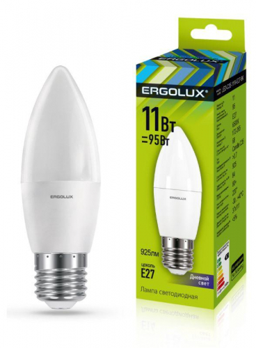 Лампа светодиодная LED-C35-11W-E27-6K Свеча 11Вт E27 6500К 172-265В Ergolux 13623