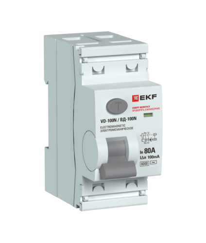 Выключатель дифференциального тока 2п 80А 100мА тип AC 6кА ВД-100N электромех. PROxima EKF E1026M80100 фото 2