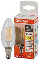 Лампа светодиодная филаментная LS CLB40 4W/827 230VFILCL 4Вт 2700К тепл. бел. E14 470лм B угол пучка 300град. 220-240В (замена 40Вт) прозр. стекло OSRAM 4058075683877