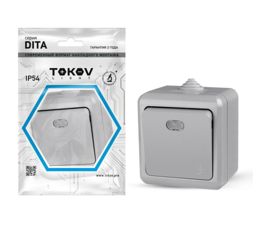 Выключатель 1-кл. ОП Dita IP54 10А 250В с индикацией сер. TOKOV ELECTRIC TKL-DT-V1I-C06-IP54