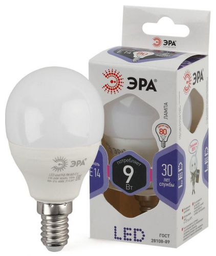 Лампа светодиодная P45-9W-860-E14 шар 720лм ЭРА Б0031411