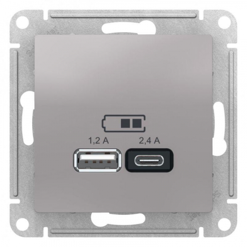Механизм розетки USB AtlasDesign A+С 5В/2.4А 2х5В/1.2А алюм. SchE ATN000339