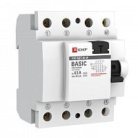 Выключатель дифференциального тока (УЗО) 4п 63А 30мА тип AC Basic электрон.EKF elcb-4-63-30e-sim