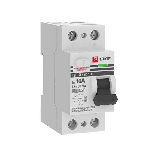 Выключатель дифференциального тока (УЗО) 2п 16А 30мА тип AC 6кА ВД-100 электромех. PROxima EKF elcb-2-6-16-30-em-pro