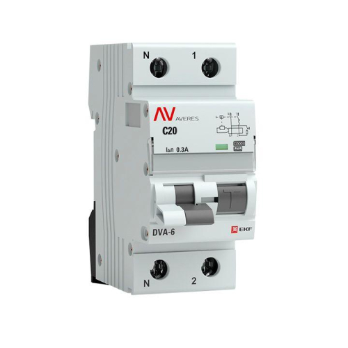 Выключатель автоматический дифференциального тока 2п (1P+N) C 20А 300мА тип A 6кА DVA-6 Averes EKF rcbo6-1pn-20C-300-a-av